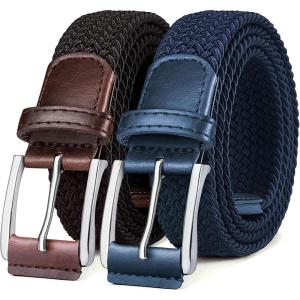 BULLIANT Belt for Men 2Pack,Mens Gift Stretch Braided Web Belt Elastic for Casual Golf Jeans,1 3/8″(2pack-black/Antique Blue2659)