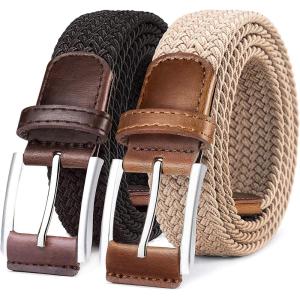 BULLIANT Belt for Men 2Pack,Mens Gift Stretch Braided Web Belt Elastic for Casual Golf Jeans,1 3/8″(2pack-black/Beige1286)