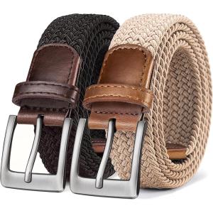 BULLIANT Belt for Men 2Pack,Mens Gift Stretch Braided Web Belt Elastic for Casual Golf Jeans,1 3/8″(2pack-black/Beige1686)