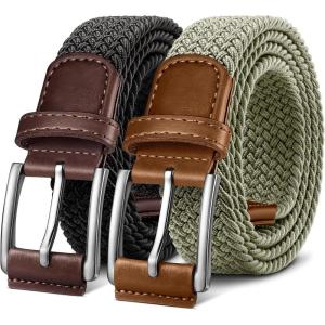 BULLIANT Belt for Men 2Pack,Mens Gift Stretch Braided Web Belt Elastic for Casual Golf Jeans,1 3/8″(2pack-black/Desert Sage8354)