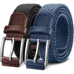 BULLIANT Belt for Men 2Pack,Mens Gift Stretch Braided Web Belt Elastic for Casual Golf Jeans,1 3/8″(2pack-black/Fog Blue8353)