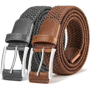 BULLIANT Belt for Men 2Pack,Mens Gift Stretch Braided Web Belt Elastic for Casual Golf Jeans,1 3/8″(2pack-dark Gray/Brown1501)