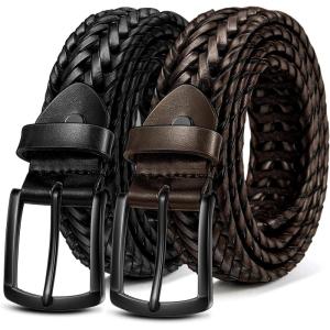 BULLIANT Men Belt 2Pack,Braided Woven Leather Belt For Men Golf Casual Jeans 1 3/8″(2pack-black/Deep Brown7957)