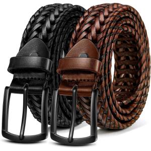 BULLIANT Men Belt 2Pack,Braided Woven Leather Belt For Men Golf Casual Jeans 1 3/8″(2pack-black/Light Brown7954)
