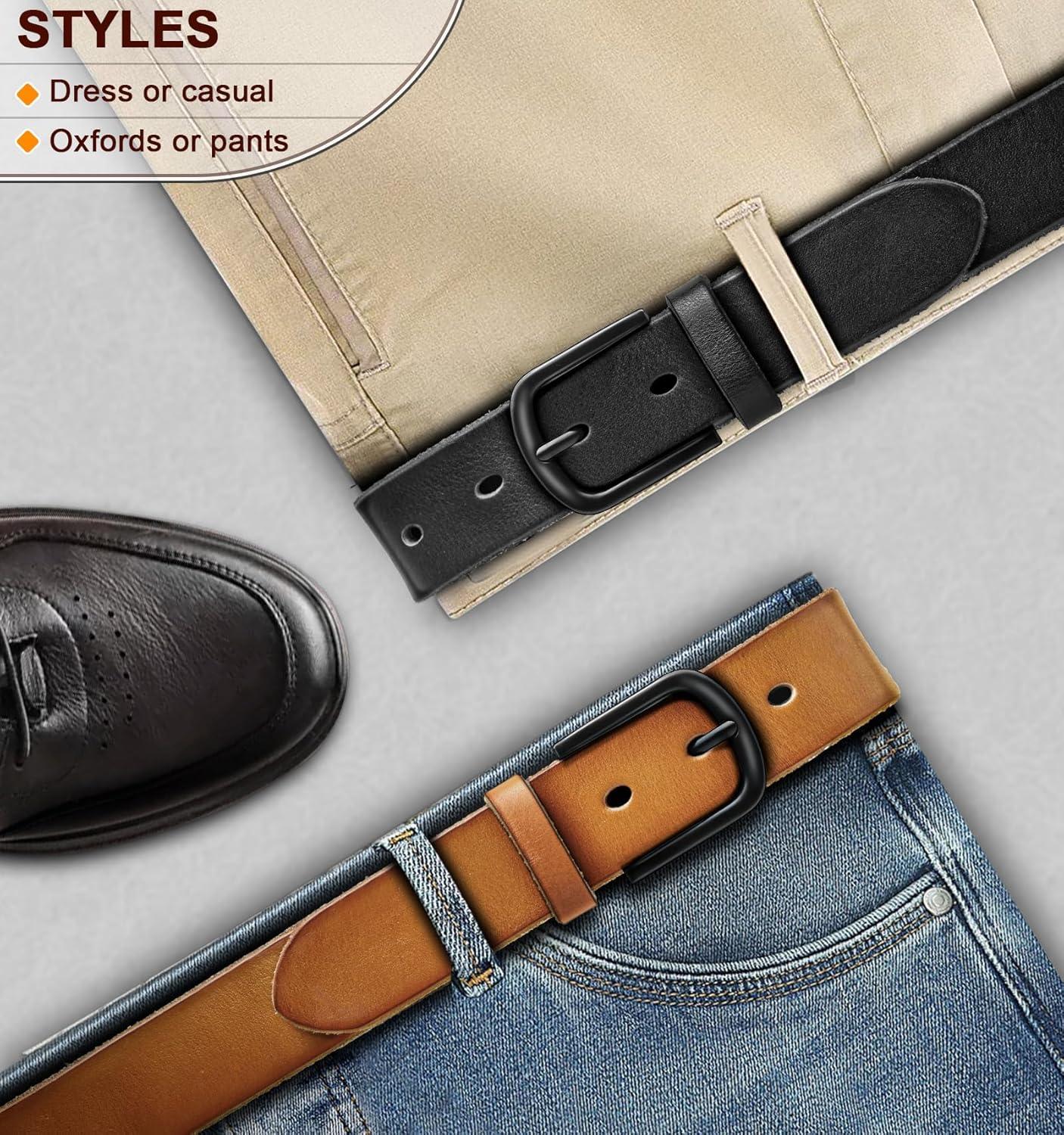 image:imageBULLIANT Men Belt 2PackLeather Belt 7Holes Comfortable For Mens Dress Casual Jeans 1 382packblackOrange Brown4679