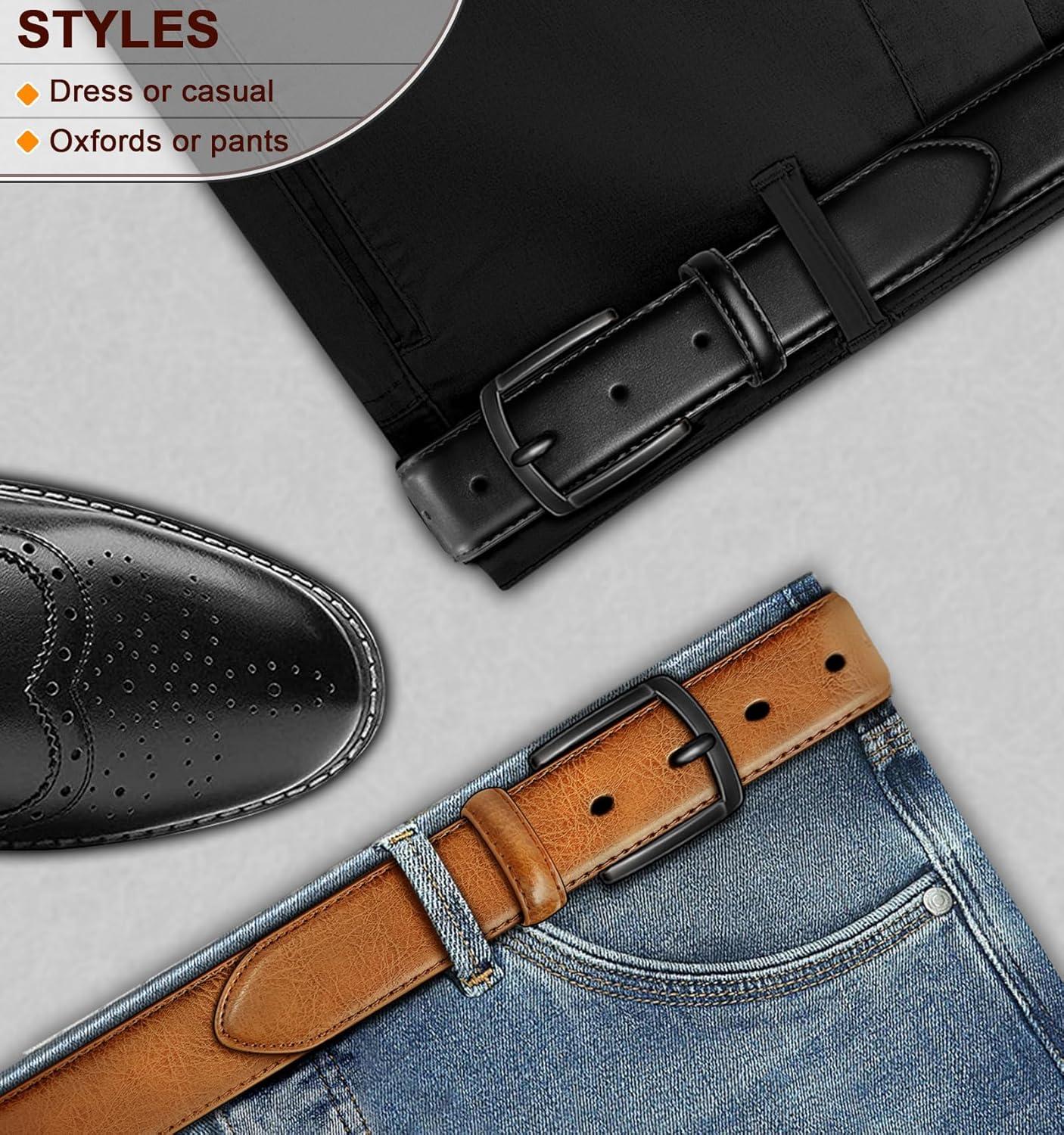 image:imageBULLIANT Men Belt 2PackLeather Belt 7Holes Comfortable For Mens Dress Casual Jeans 1 382packblackOrange Brown6460