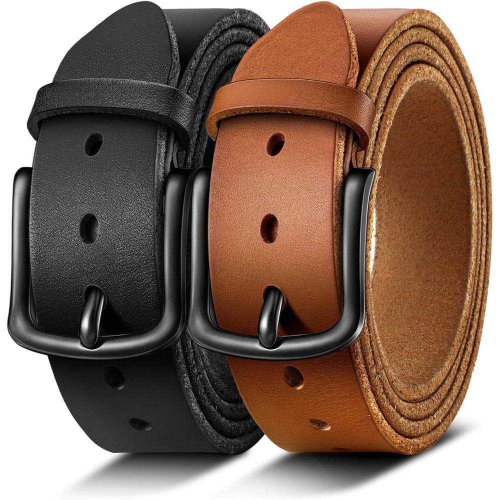 image:imageBULLIANT Men Belt 2PackLeather Belt 7Holes Comfortable For Mens Dress Casual Jeans 1 382packblackOrange Brown4679