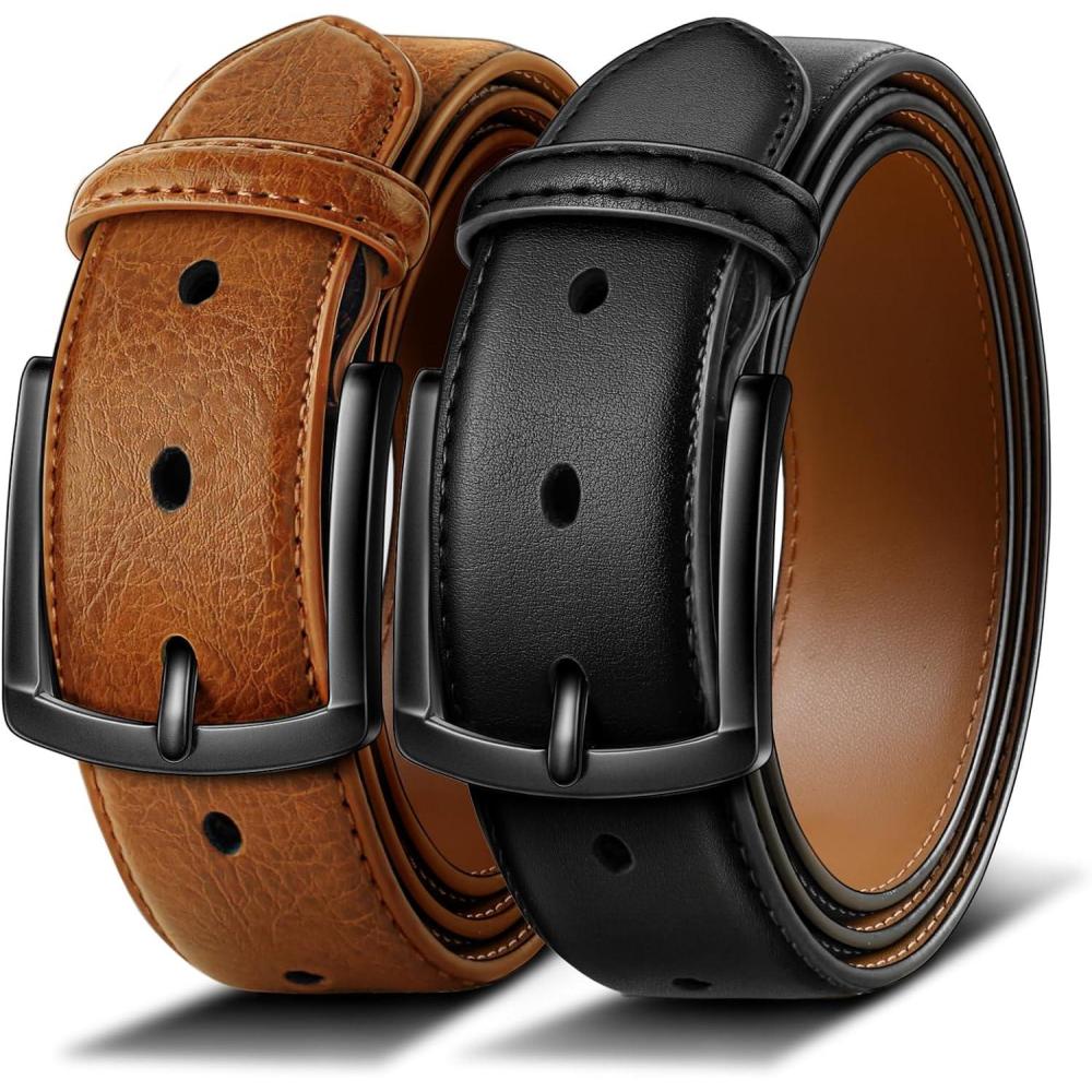 image:imageBULLIANT Men Belt 2PackLeather Belt 7Holes Comfortable For Mens Dress Casual Jeans 1 382packblackOrange Brown6460