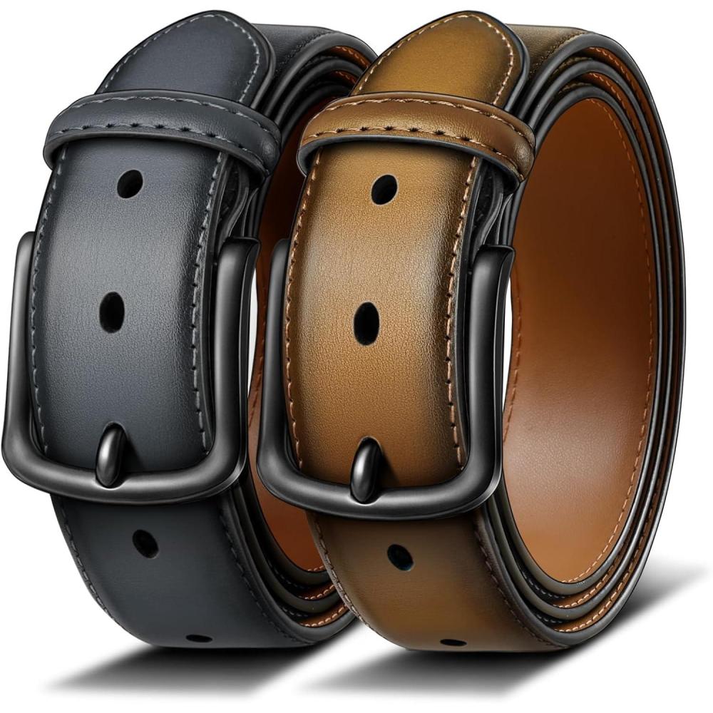 image:imageBULLIANT Men Belt 2PackLeather Belt 7Holes Comfortable For Mens Dress Casual Jeans 1 382packtawnyDark Grey4705