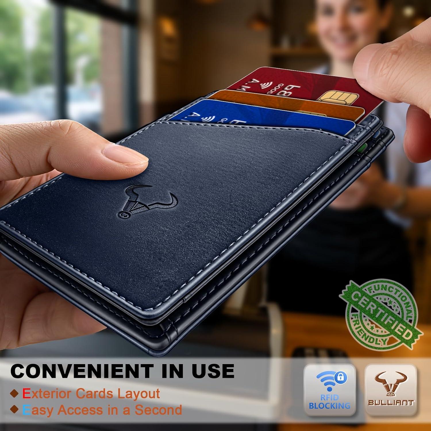 image:imageBULLIANT Men WalletTop Grain Leather Slim Wallet Magnetic Closure Simplifed Bill Folder RFID Blocking 11CardsPurplish Blue8658