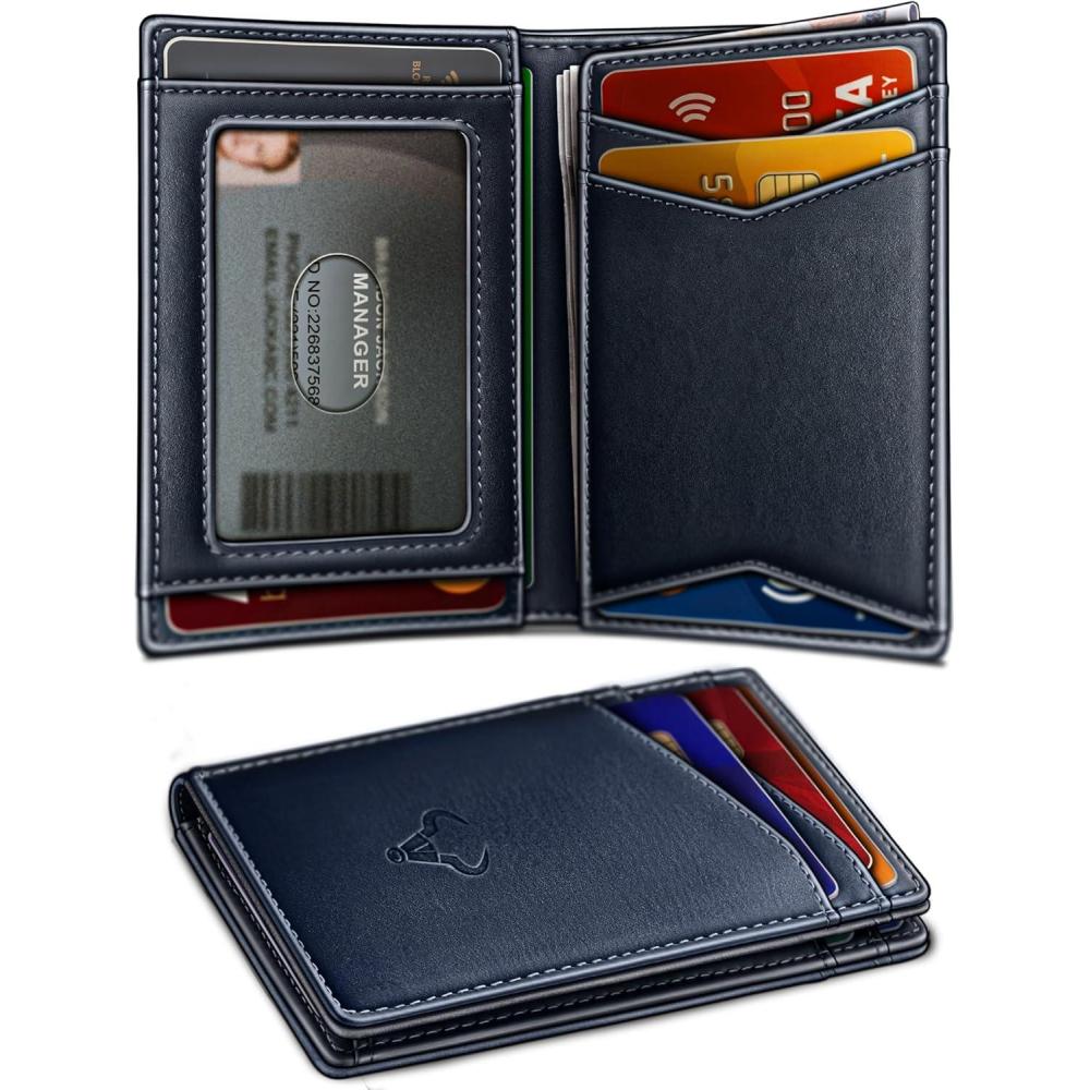image:imageBULLIANT Men WalletTop Grain Leather Slim Wallet Magnetic Closure Simplifed Bill Folder RFID Blocking 11CardsPurplish Blue8658
