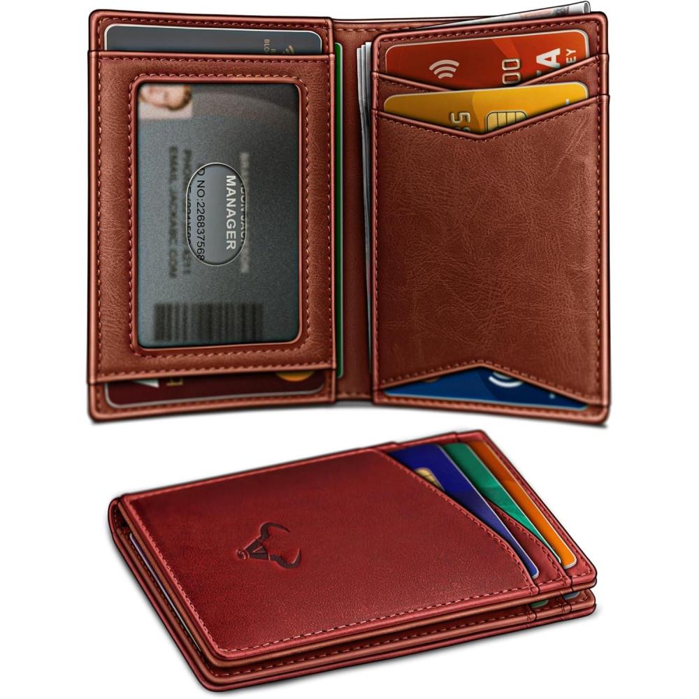 image:imageBULLIANT Men WalletTop Grain Leather Slim Wallet Magnetic Closure Simplifed Bill Folder RFID Blocking 11CardsRed8660