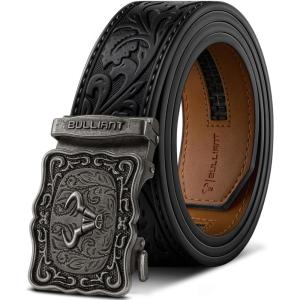 BULLIANT Men Belt-Ratchet Slide Belt Adjustable Cow Boy Jean Casual Outdoor 1 1/2″-Cut For Fit(Black8608)