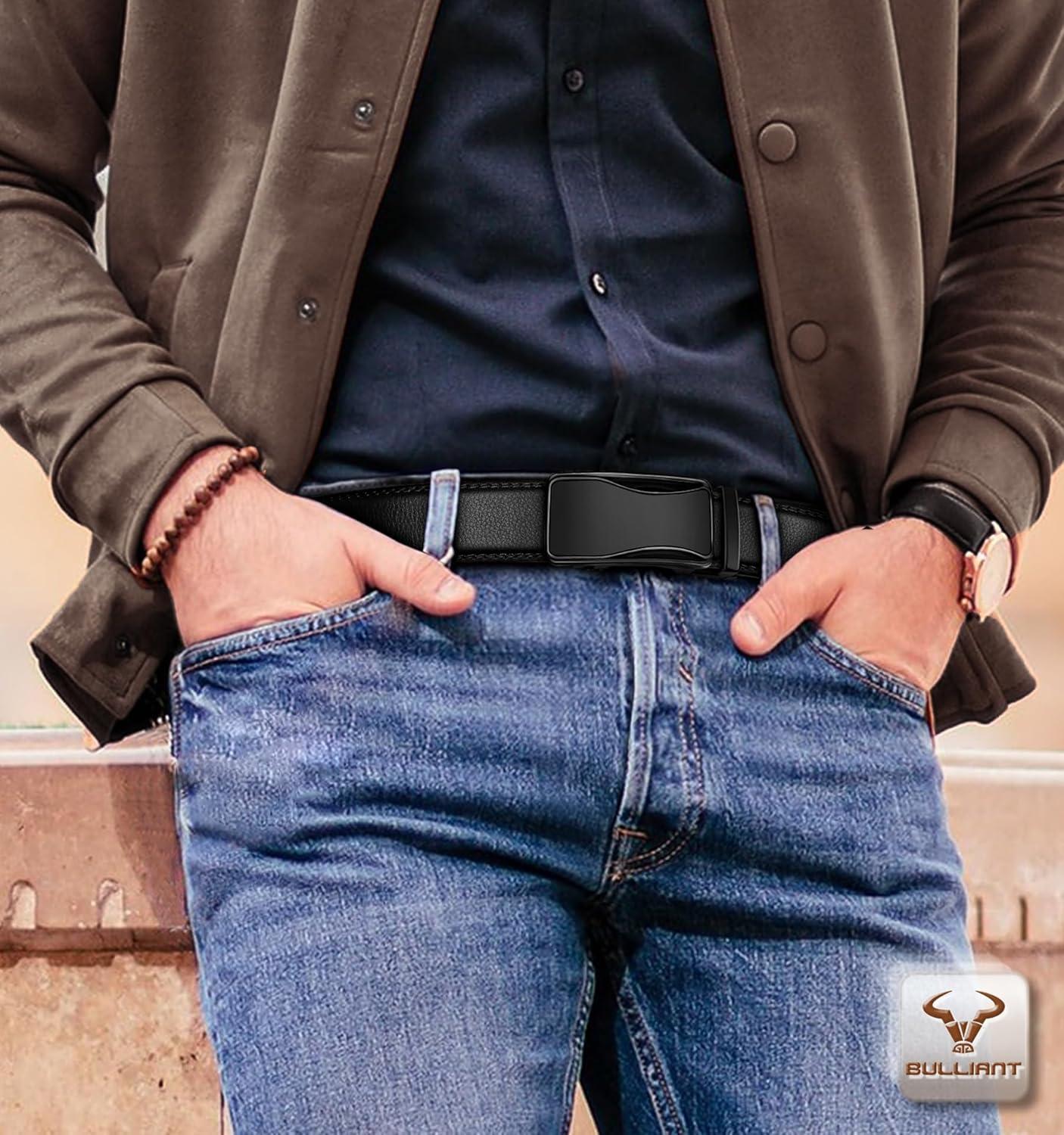 image:imageBULLIANT Mens Ratchet BeltLeather Adjustable Slide Belt For Gift Mens Dress Casual 1 38Size AdjustableBlack6688