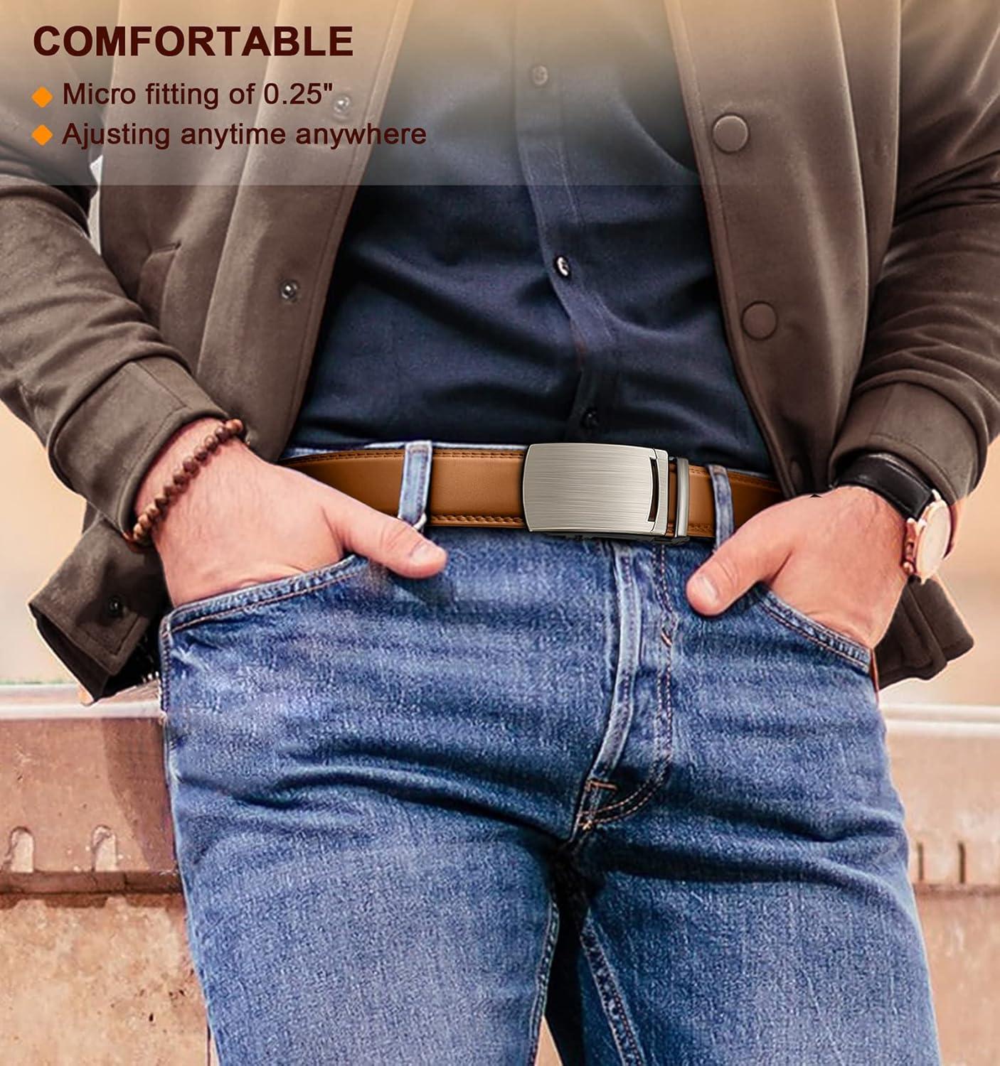 image:imageBULLIANT Mens Ratchet BeltLeather Adjustable Slide Belt For Gift Mens Dress Casual 1 38Size AdjustableOrange Brown2916
