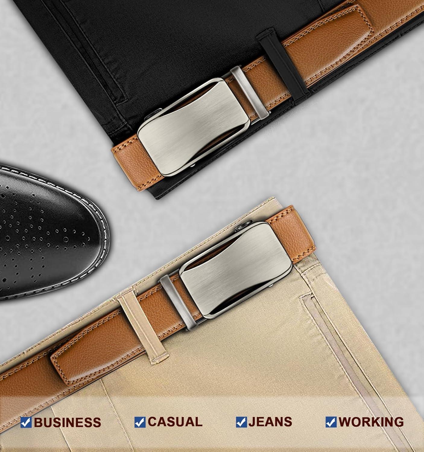 image:imageBULLIANT Mens Ratchet BeltLeather Adjustable Slide Belt For Gift Mens Dress Casual 1 38Size AdjustableOrange Brown6687