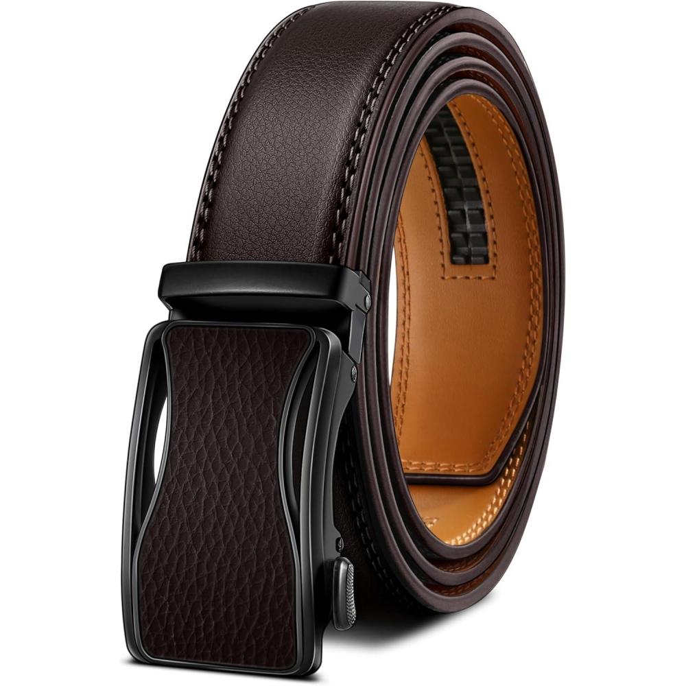 image:imageBULLIANT Mens Ratchet BeltLeather Adjustable Slide Belt For Gift Mens Dress Casual 1 38Size AdjustableDeep Brown6686