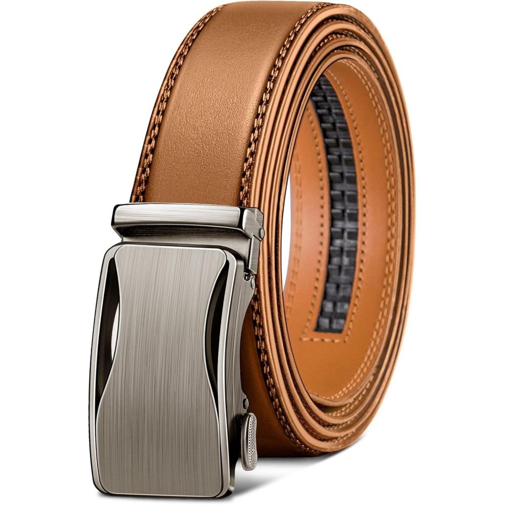image:imageBULLIANT Mens Ratchet BeltLeather Adjustable Slide Belt For Gift Mens Dress Casual 1 38Size AdjustableOrange Brown2914