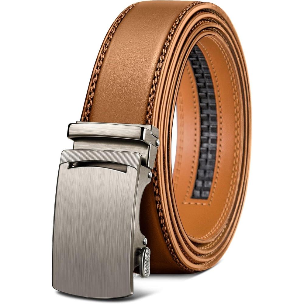 image:imageBULLIANT Mens Ratchet BeltLeather Adjustable Slide Belt For Gift Mens Dress Casual 1 38Size AdjustableOrange Brown2916
