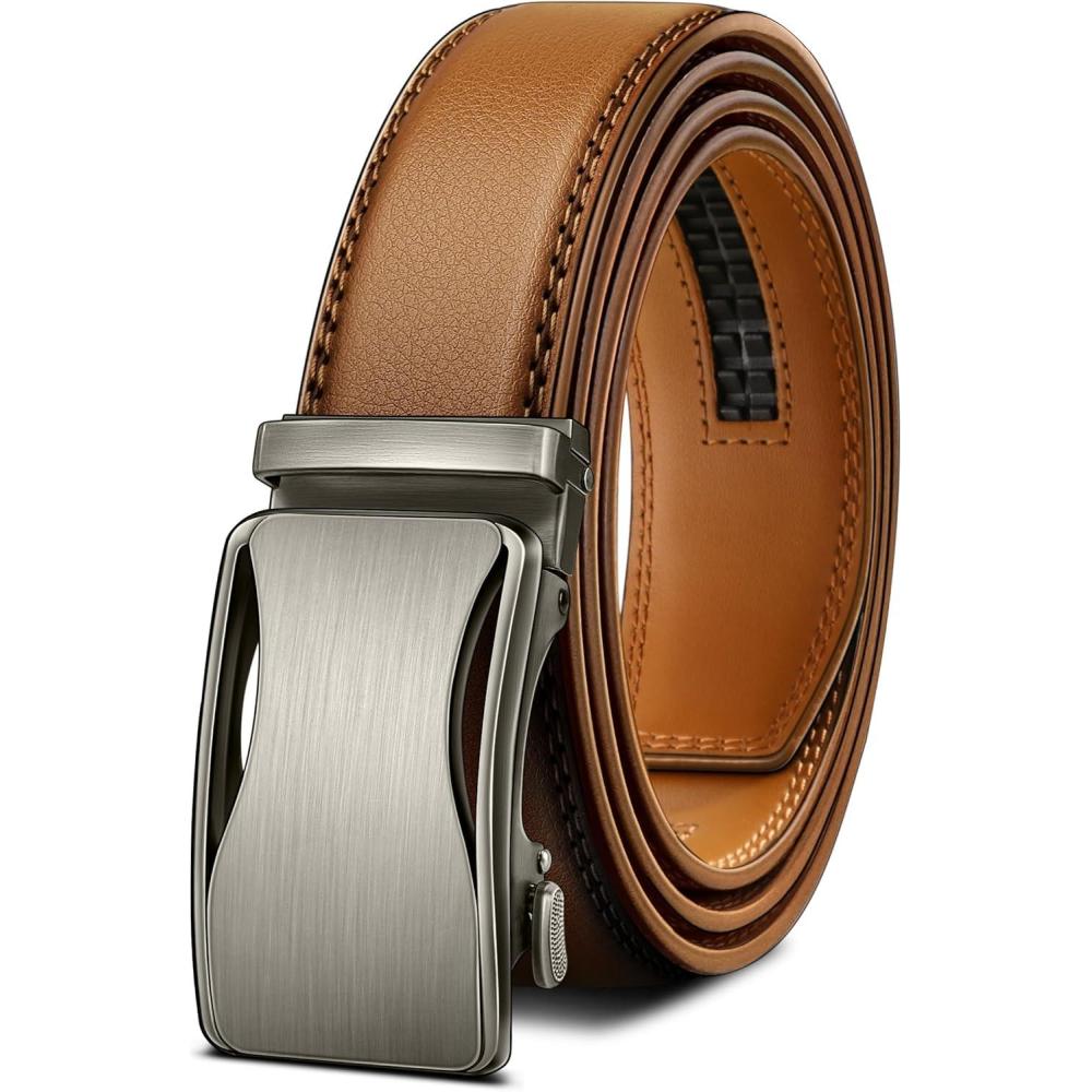 image:imageBULLIANT Mens Ratchet BeltLeather Adjustable Slide Belt For Gift Mens Dress Casual 1 38Size AdjustableOrange Brown6687