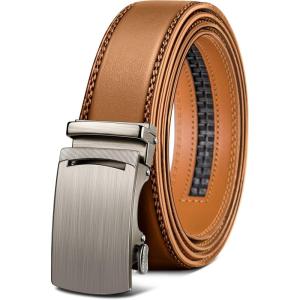 BULLIANT Mens Ratchet Belt,Leather Adjustable Slide Belt For Gift Mens Dress Casual 1 3/8″,Size Adjustable(Orange Brown2916)