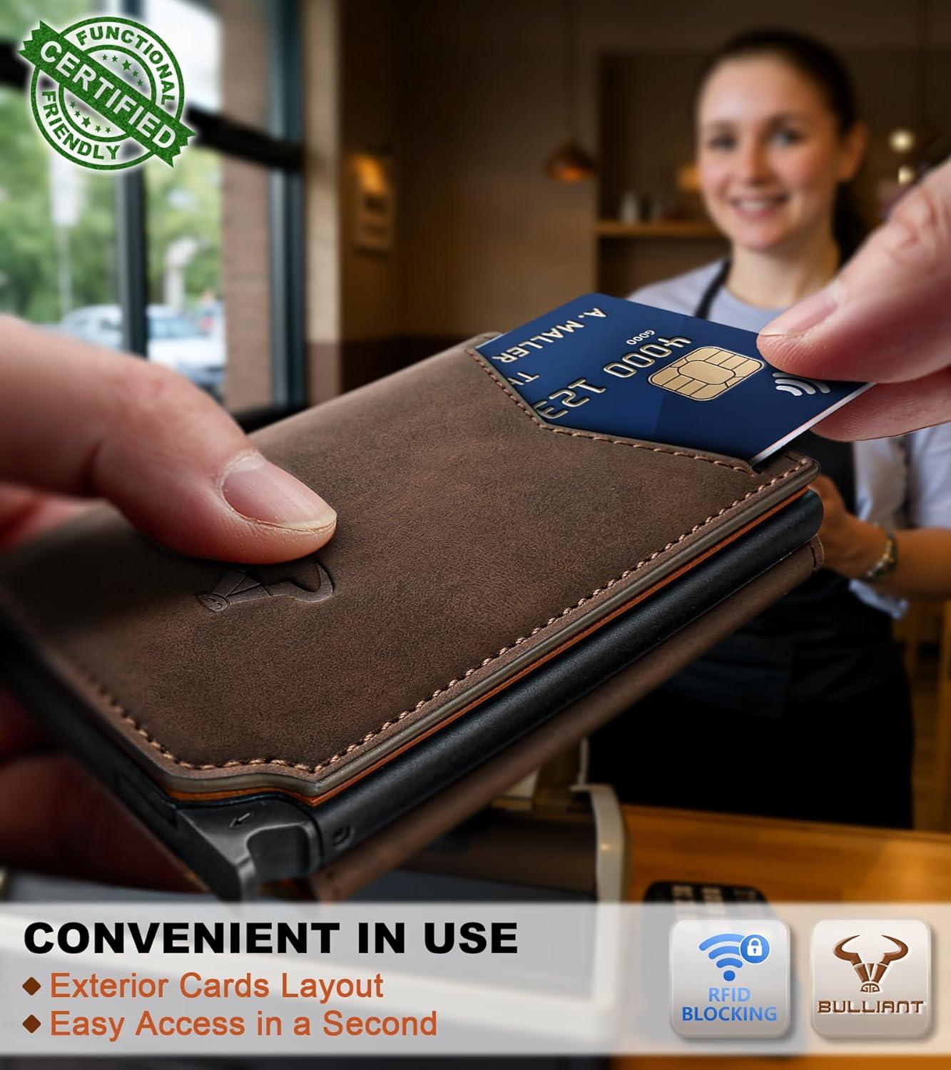 image:imageBULLIANT Men Wallet Leather Wallet Card Holders Money Clip for Men 10CardsMagnetic Flip on Metal CaseCoffee8792