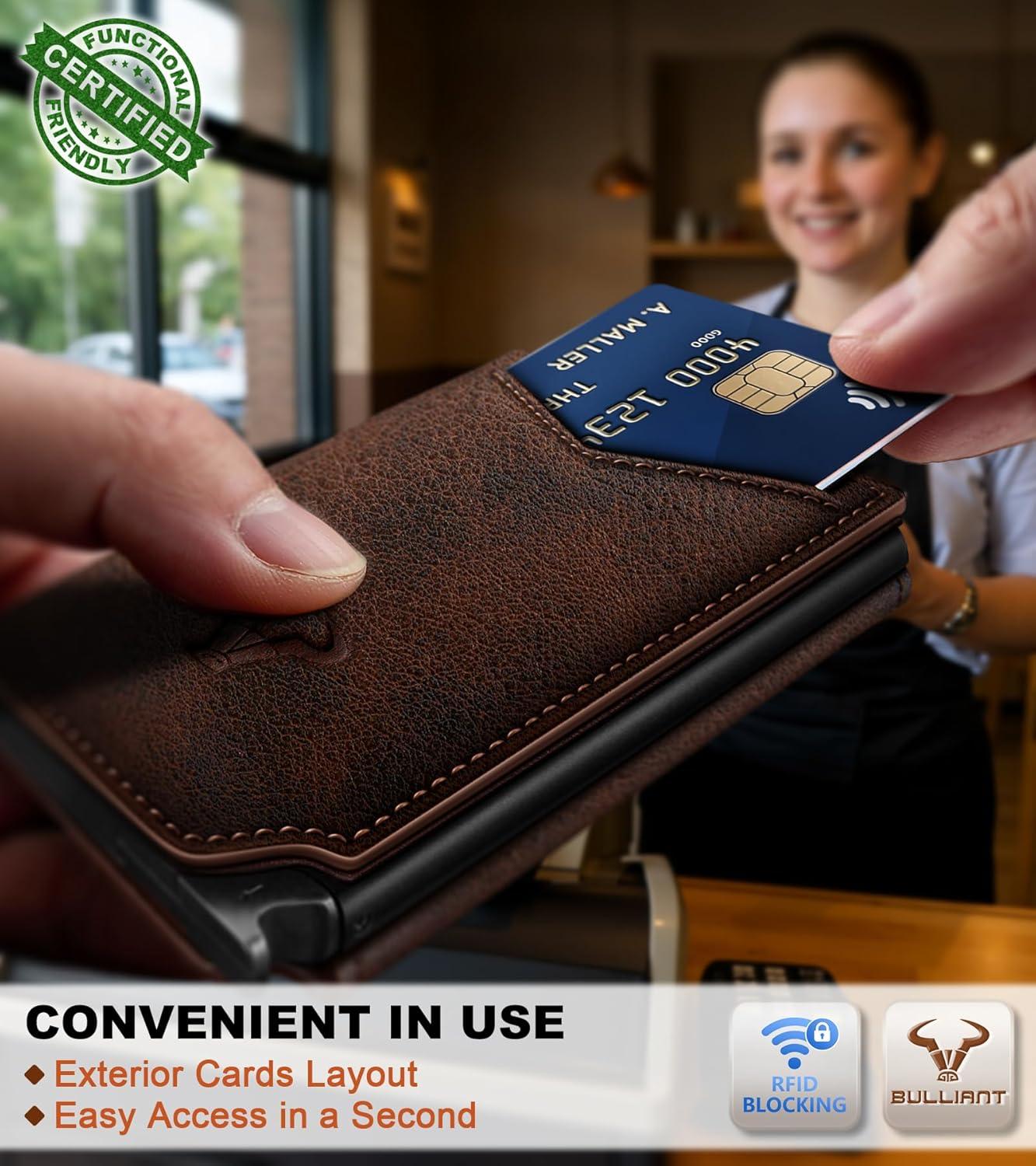 image:imageBULLIANT Men Wallet Leather Wallet Card Holders Money Clip for Men 10CardsMagnetic Flip on Metal CaseForest Brown8789