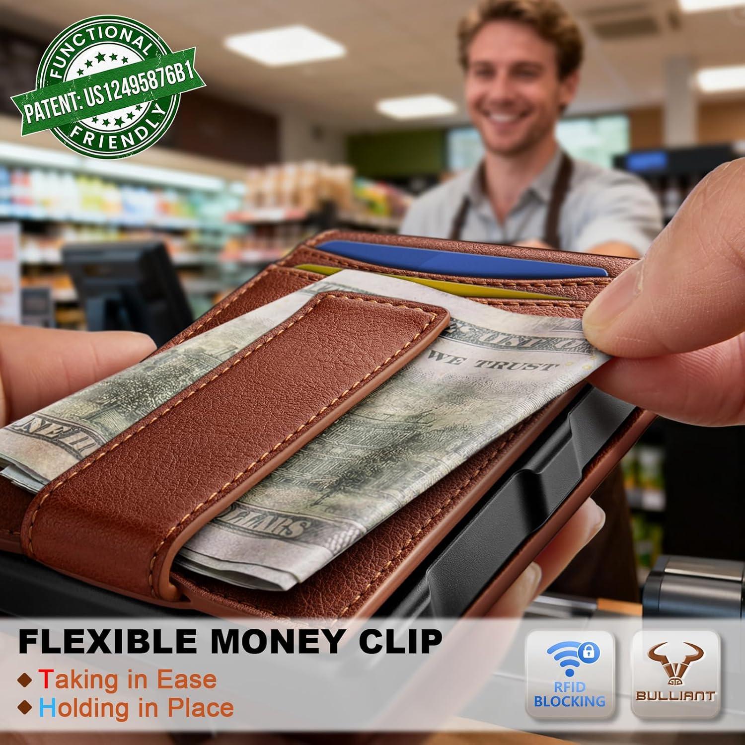 image:imageBULLIANT Men WalletMetal Case Money Clip with Grain Leather Flip 11 CardsPopup Access Magetic ClosureBrick Brown8557