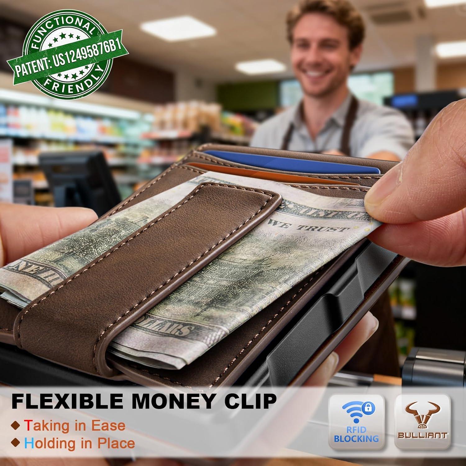 image:imageBULLIANT Men WalletMetal Case Money Clip with Grain Leather Flip 11 CardsPopup Access Magetic ClosureCoffee8558