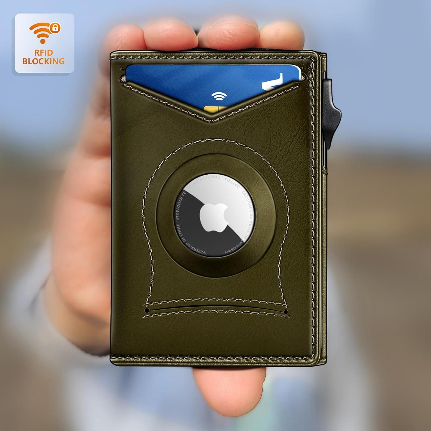 image:imageBULLIANT Money Clip WalletMens Gift Slim Wallet Credit Card Holder AirtagampStandard Use 9CardsMetal Case in Magnetic Flip ShellOlive