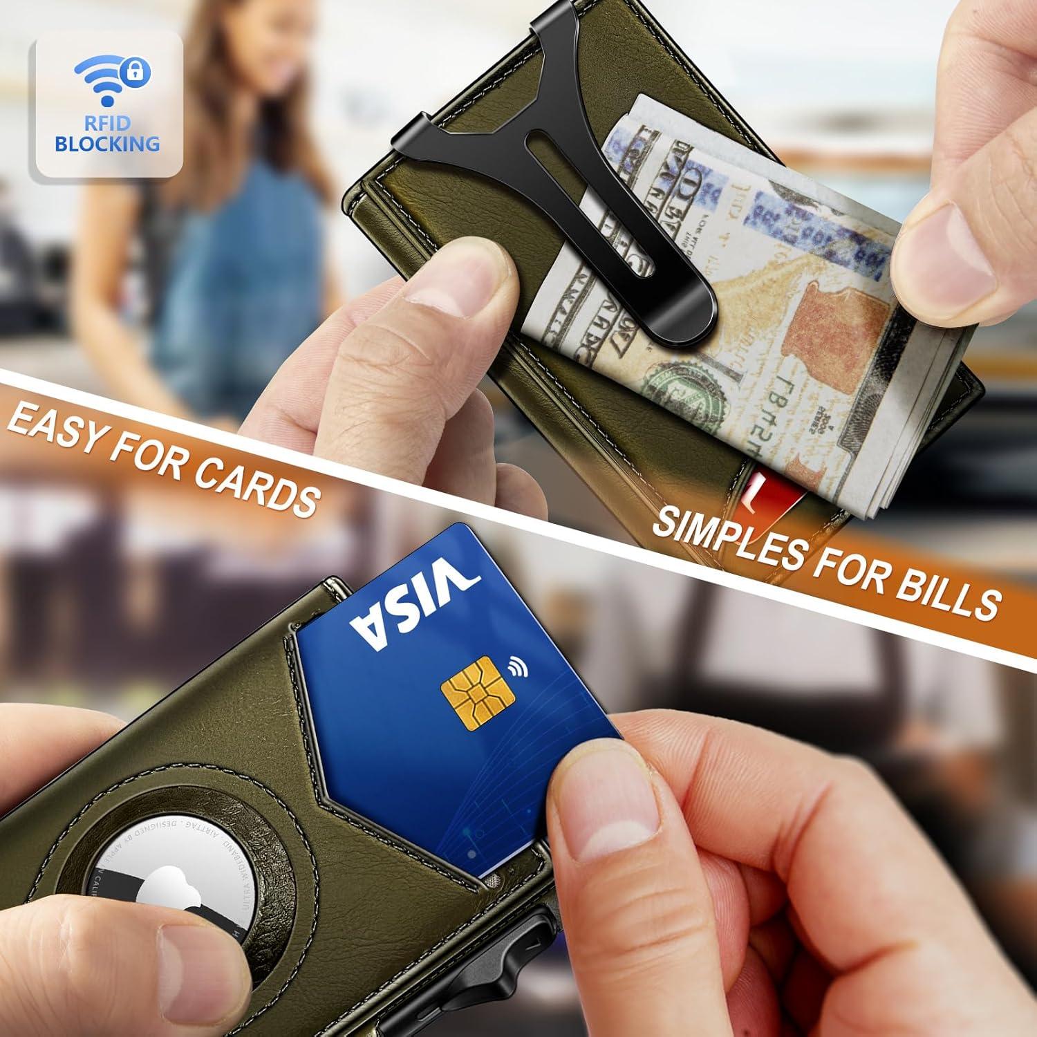 image:imageBULLIANT Money Clip WalletMens Gift Slim Wallet Credit Card Holder AirtagampStandard Use 9CardsMetal Case in Magnetic Flip ShellOlive