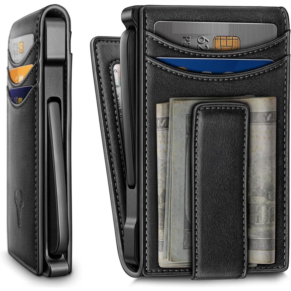 image:imageBULLIANT Men WalletMetal Case Money Clip with Grain Leather Flip 11 CardsPopup Access Magetic ClosureBlack8556