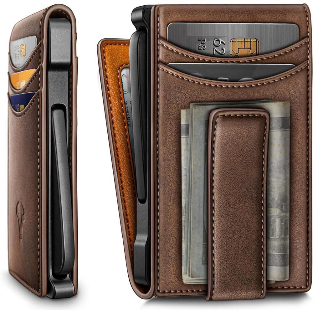 image:imageBULLIANT Men WalletMetal Case Money Clip with Grain Leather Flip 11 CardsPopup Access Magetic ClosureCoffee8558