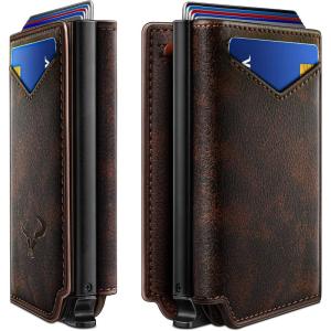 BULLIANT Men Wallet Leather Wallet Card Holders Money Clip for Men 10Cards-Magnetic Flip on Metal Case(Forest Brown8789)