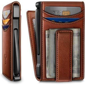 BULLIANT Men Wallet,Metal Case Money Clip with Grain Leather Flip 11 Cards-Pop-up Access Magetic Closure(Brick Brown8557)