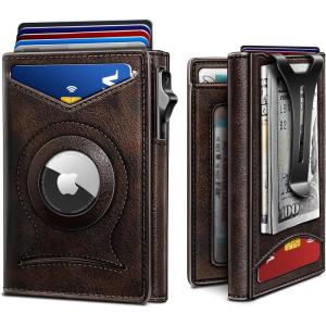 BULLIANT Money Clip Wallet,Mens Gift Slim Wallet Credit Card Holder Airtag&Standard Use 9Cards-Metal Case in Magnetic Flip Shell(Forest Brown)