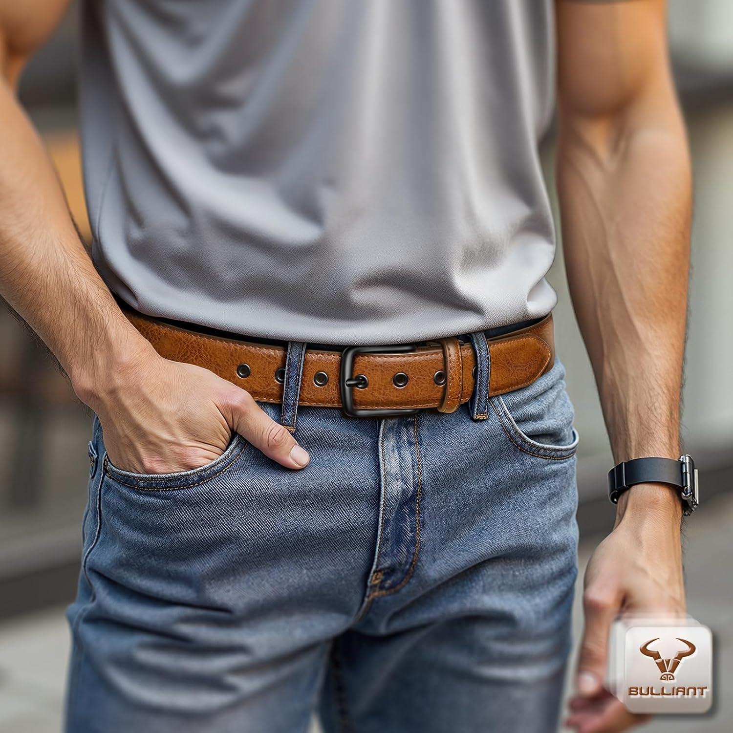 image:imageBULLIANT Men Belt 2PackLeather Belt 7Holes Comfortable For Mens Dress Casual Jeans 1 382packblackOrange Brown9074