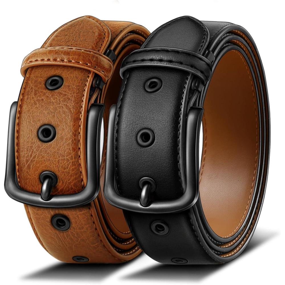 image:imageBULLIANT Men Belt 2PackLeather Belt 7Holes Comfortable For Mens Dress Casual Jeans 1 382packblackOrange Brown9074
