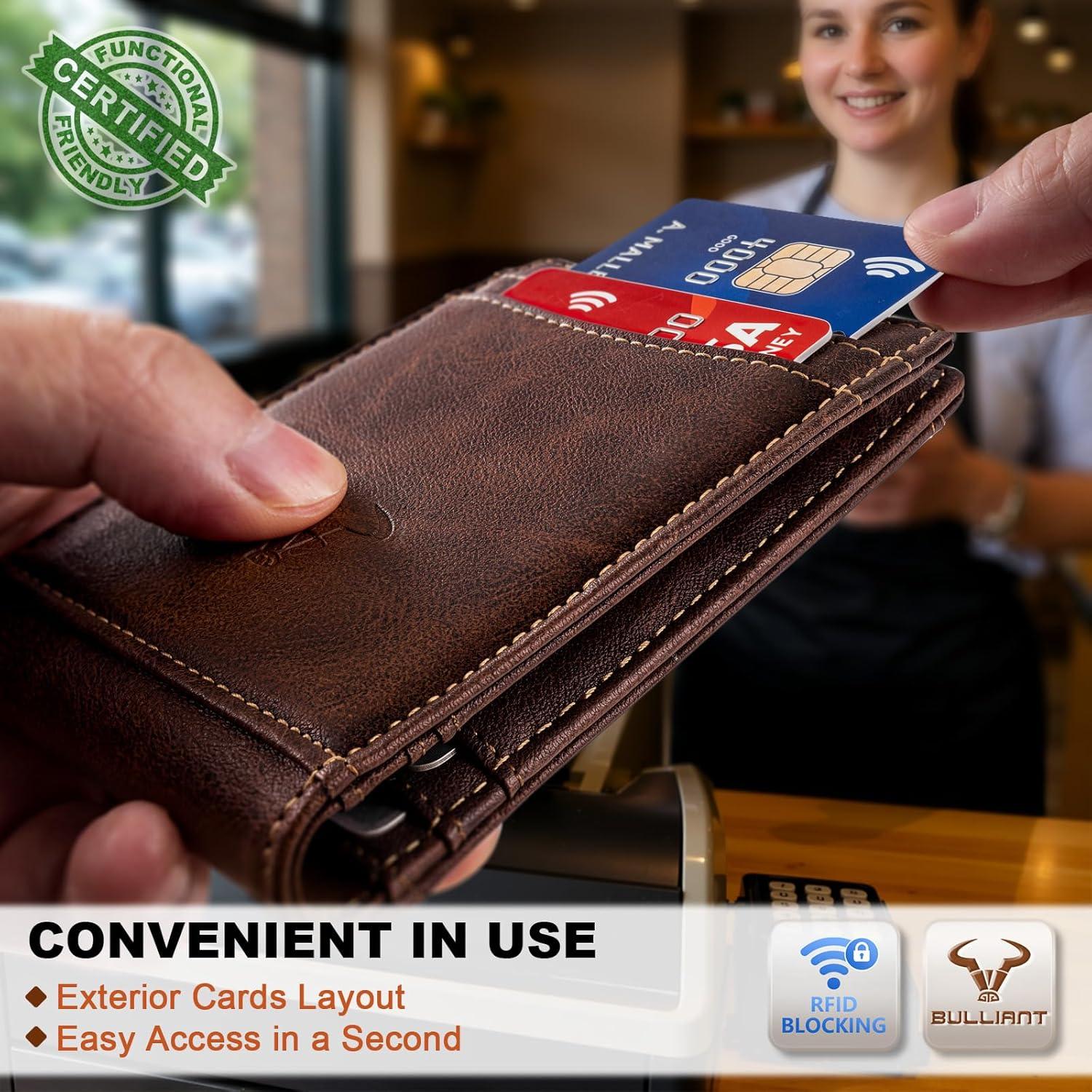 image:imageBULLIANT Men WalletMagnetic Slim Wallet 10 cards Buildin Bill Folder ID Windows RFID BlockingForest Brown8866