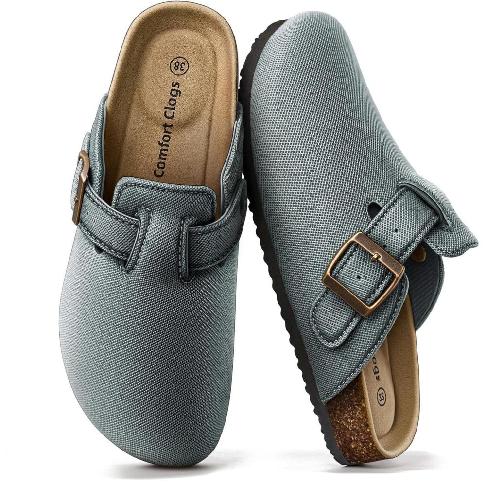 image:imageBULLIANT Women ClogsComfortable Mules Sandals Breathalbe FleeceLined Mesh UpperMemory Foam Cushioned CoakFootbedFog Blue8663