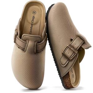 BULLIANT Women Clogs,Comfortable Mules Sandals Breathalbe Fleece-Lined Mesh Upper,Memory Foam Cushioned Coak-Footbed(Camel8664)