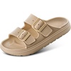 BULLIANT Women Slide Sandals, Comfortable Flat Slip-on Shoes Cushioned Arch-Support Sole Adjustable Fit(Camel8885)