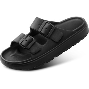 BULLIANT Women Slide Sandals, Comfortable Flat Slip-on Shoes Cushioned Arch-Support Sole Adjustable Fit(Black8884)